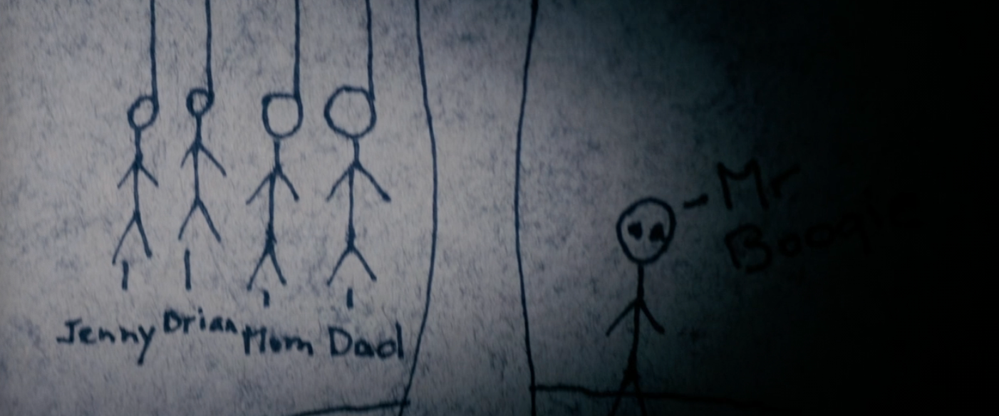Childlike drafting  of 4  instrumentality   figures labeled "Jenny," "Brian," "Mom," and "Dad," hanging. Another instrumentality   fig  labeled "-Mr. Boogie" stands separately