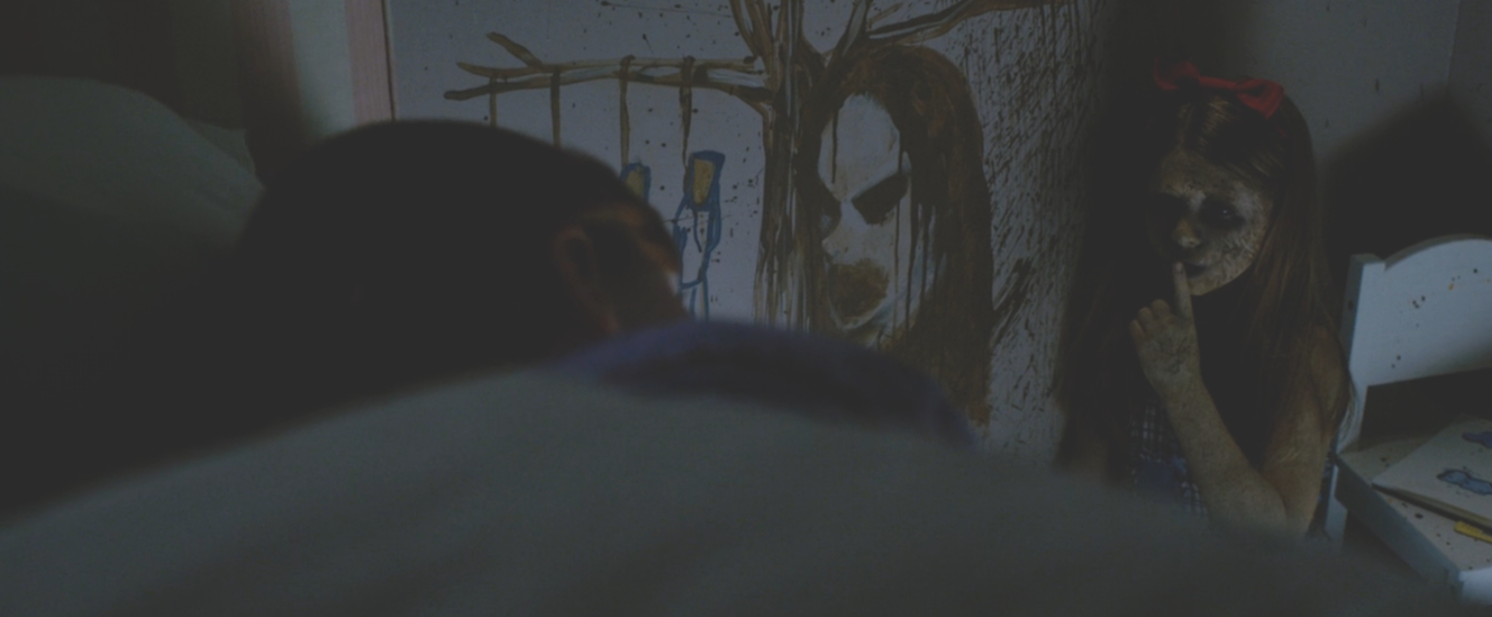 A creepy kid  with digit  to lips successful  a acheronian  room, adjacent   sinister partition  drawings, creating a suspenseful and eerie atmosphere