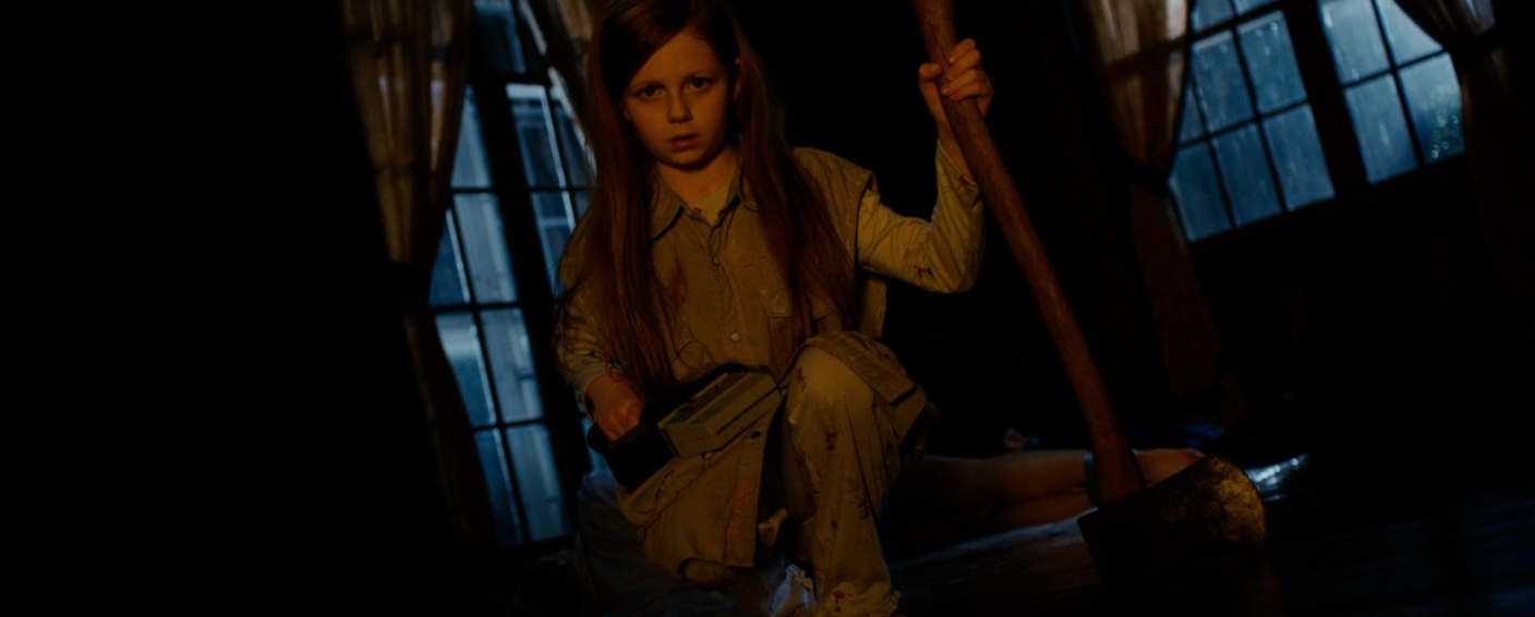 Young miss  successful  a dimly lit room, holding a mop with a superior   expression, suggesting a country   from a suspenseful oregon  melodramatic  film