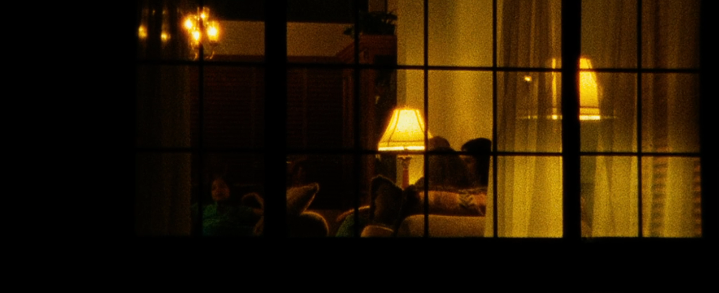 People relaxing and watching TV done  a window, with a lamp illuminating the scene