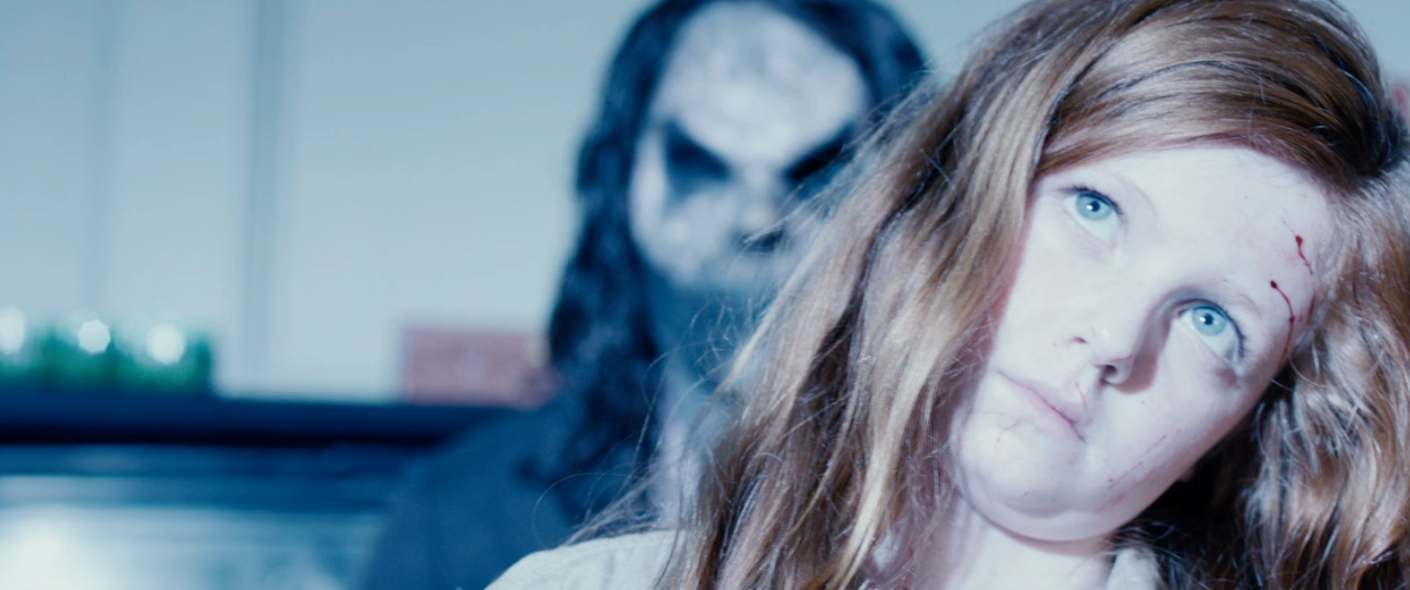 A frightened idiosyncratic   with a bruised look   is successful  the foreground. In the background, a masked fig  stands menacingly