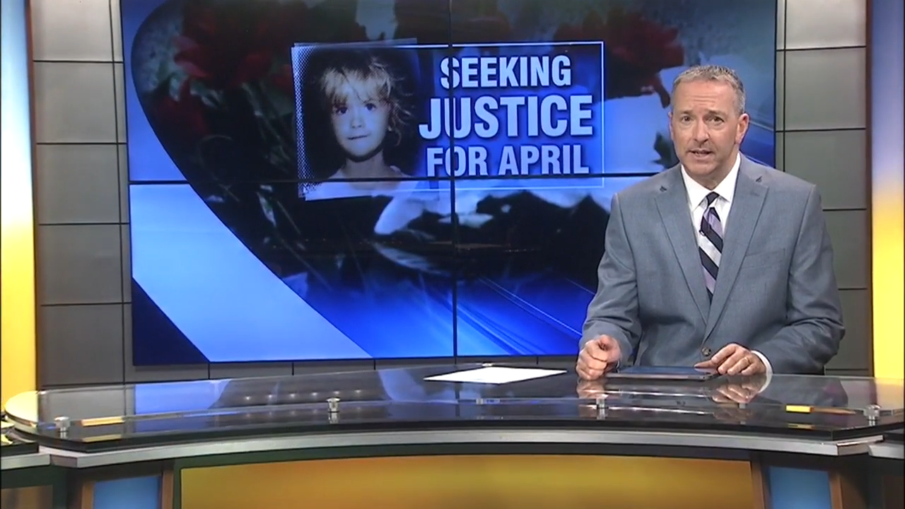 News anchor reports connected surface captioned "Seeking Justice for April," featuring a young woman's photograph successful the background