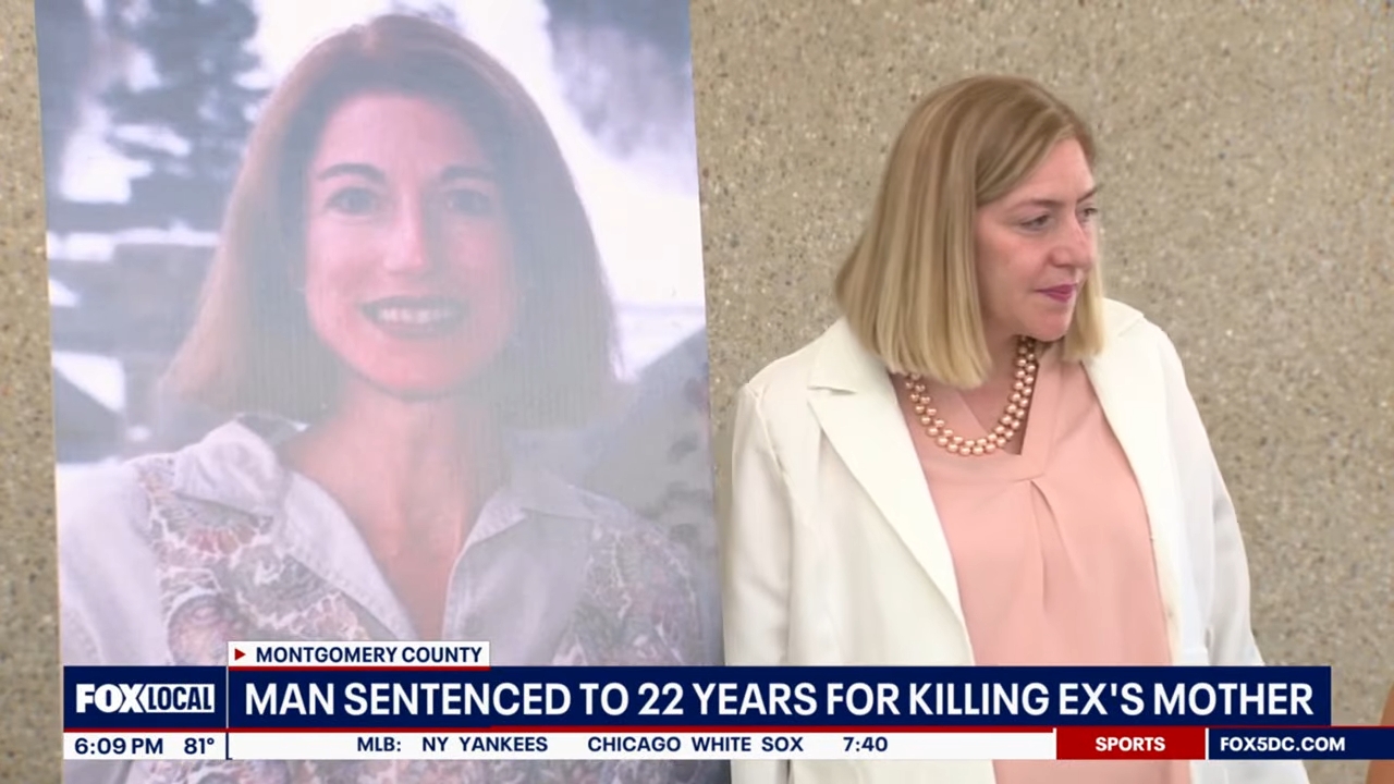 A pistillate stands beside a ample poster of different woman. News banner reports a antheral sentenced to 22 years for sidesplitting ex's mother