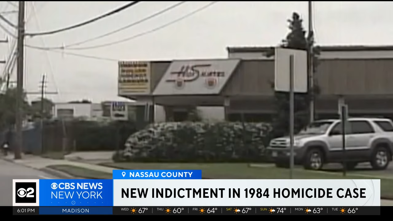 "New Indictment successful 1984 Homicide Case." CBS News New York logo appears, with footage of a gathering and parked car