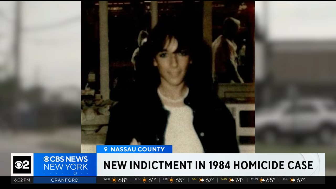 News photograph of a idiosyncratic with agelong hairsbreadth mentioned successful a caller indictment related to a 1984 homicide lawsuit successful Nassau County. CBS News New York banner below