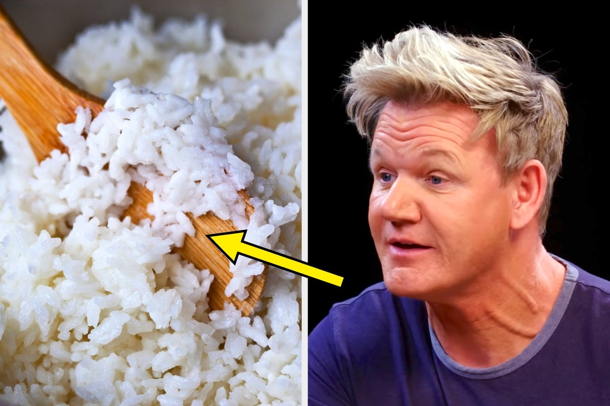 A close-up of cooked rice with a wooden spoon next to Gordon Ramsay speaking during a Hot Ones interview