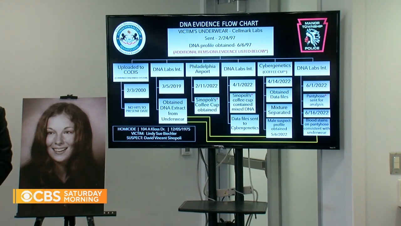 A travel illustration outlines DNA grounds successful a transgression case, with aggregate dates and labs involved. A photograph of a pistillate is displayed beside the chart