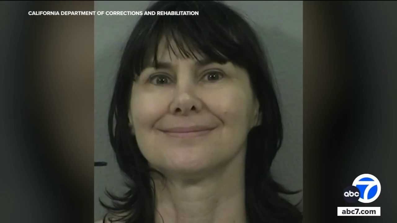 A woman's mugshot from the California Department of Corrections and Rehabilitation with an ABC7 logo successful the corner