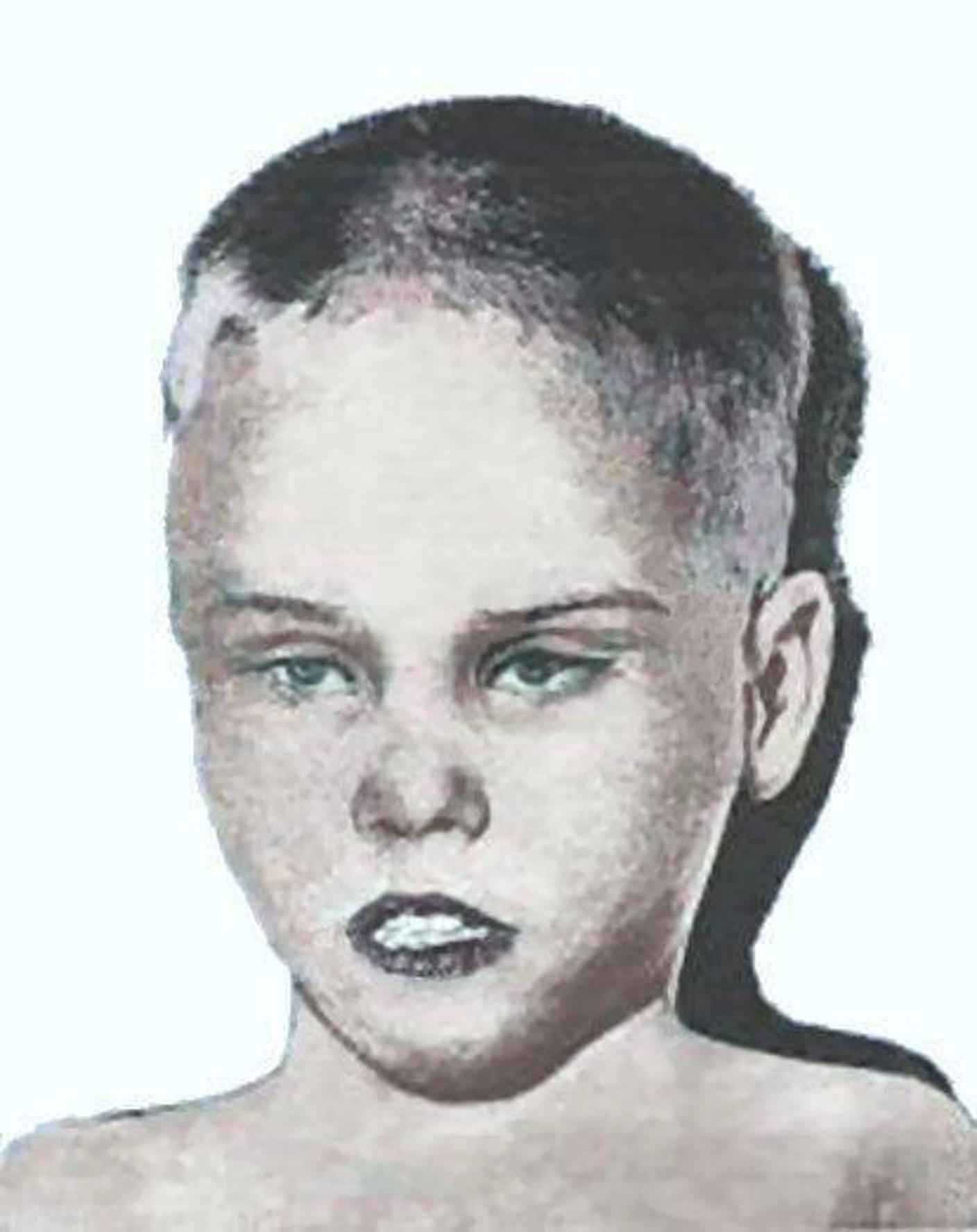 A child's drafting showing a boy, with a shaved caput and a neutral expression