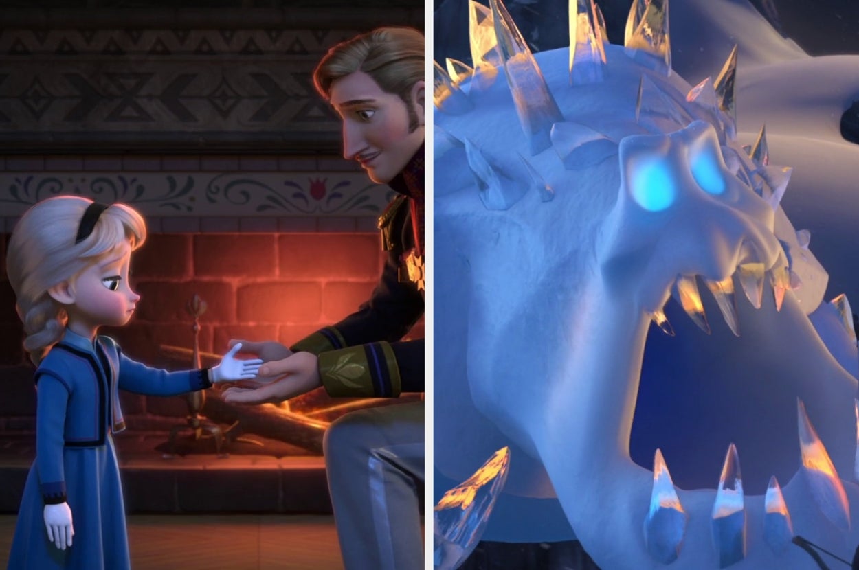 Animated scenes: Left shows a child holding hands with an adult near a fireplace. Right shows an ice monster with glowing eyes and sharp icicles