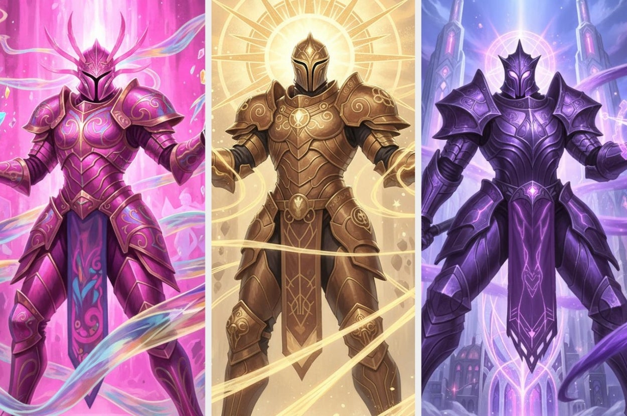 Three illustrated knights in mystical armor, each with unique ornate designs and glowing energy, standing in dynamic poses