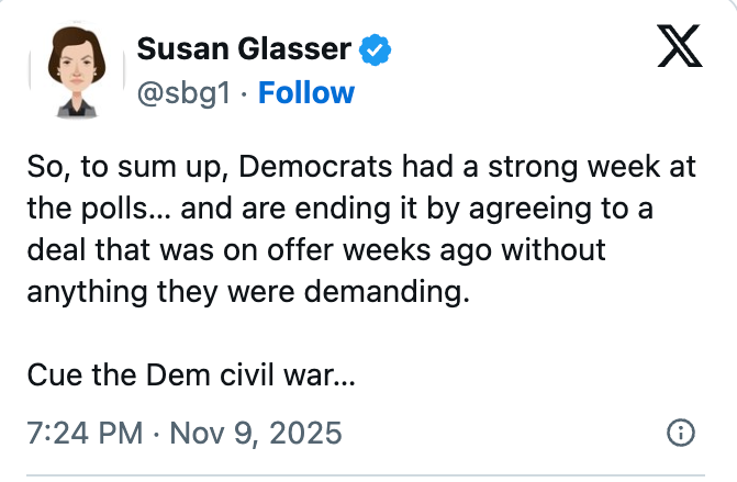 Tweet by Susan Glasser: "Democrats had a strong week at the polls but agreed to an old deal without demands; Cue the Dem civil war..."