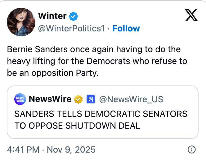 Tweet by @WinterPolitics1 says Bernie Sanders is taking initiative for Democrats; linked NewsWire tweet reports Sanders tells Democratic Senators to oppose shutdown deal