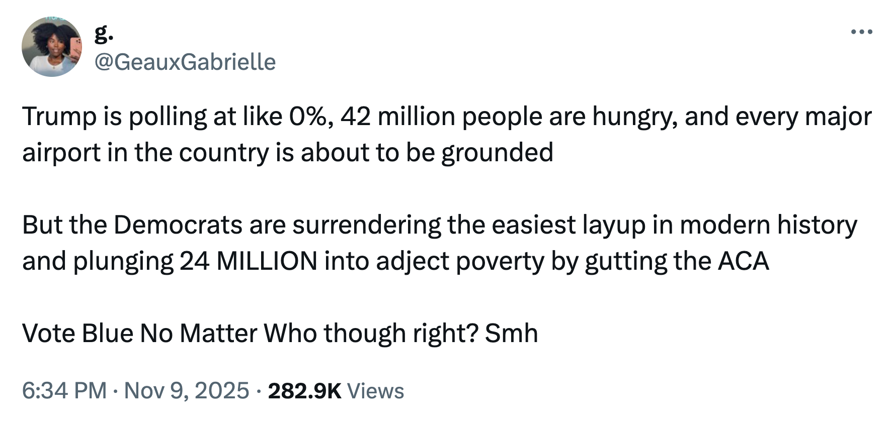 Tweet by GeauxGabrielle discusses low polling for Trump, hunger affecting millions, ACA impacts, and urges voting Democrat