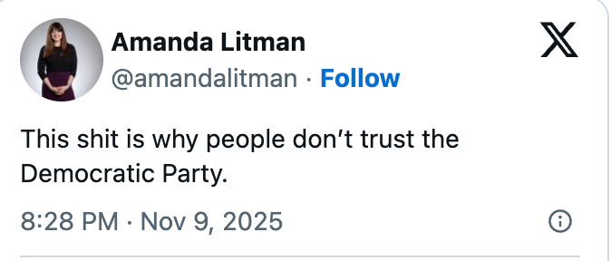 Tweet by Amanda Litman: "This shit is why people don&rsquo;t trust the Democratic Party."
