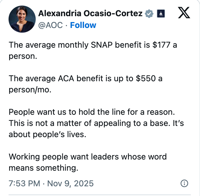 Tweet from Alexandria Ocasio-Cortez highlights SNAP benefit of $177 per person and ACA benefit of up to $550 per person/month, stressing leadership integrity