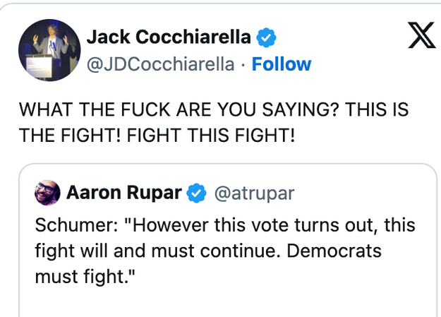 Social media post highlighting debate remarks: "WHAT THE FUCK ARE YOU SAYING? THIS IS THE FIGHT! FIGHT THIS FIGHT!" with Schumer's quote on Democrats
