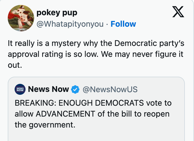 A tweet questions low Democratic approval despite news of Democrats advancing a bill to reopen the government