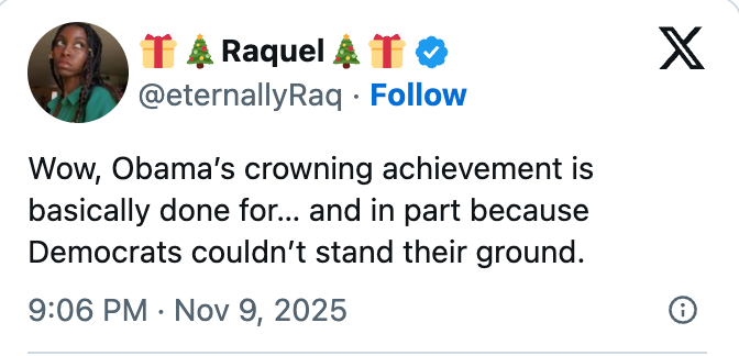Tweet by Raquel expresses concerns about the end of an achievement linked to Obama, citing Democrats' lack of resolve