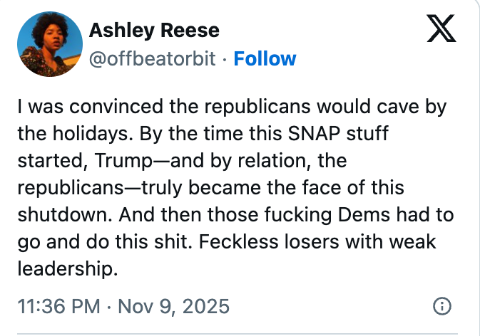 A tweet criticizing Republicans, mentioning Trump, SNAP issues, and Democrats' response to a shutdown, calling them "feckless losers with weak leadership."
