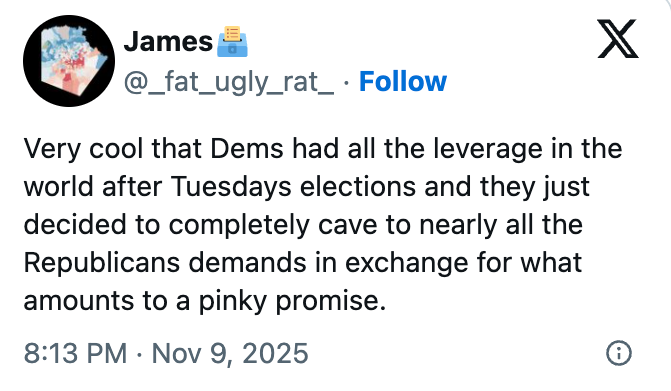 A social media post criticizing Democrats for conceding to Republican demands after elections