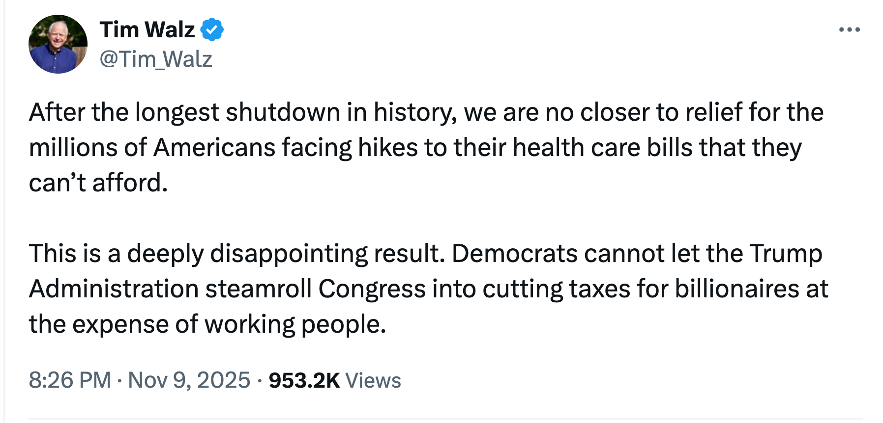 Tweet by Tim Walz criticizing the Trump Administration for prioritizing tax cuts for billionaires over affordable healthcare solutions