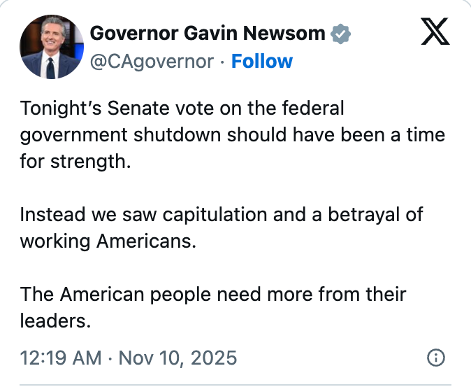 Social media post by a governor criticizing the Senate vote on the federal government shutdown, calling it a betrayal of working Americans