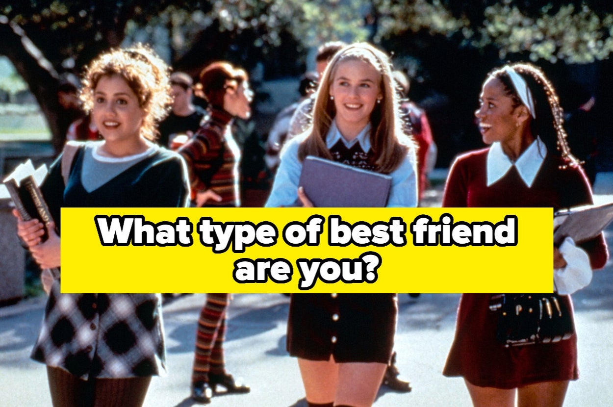 Three people walk together holding books. Text overlay says, "What type of best friend are you?"