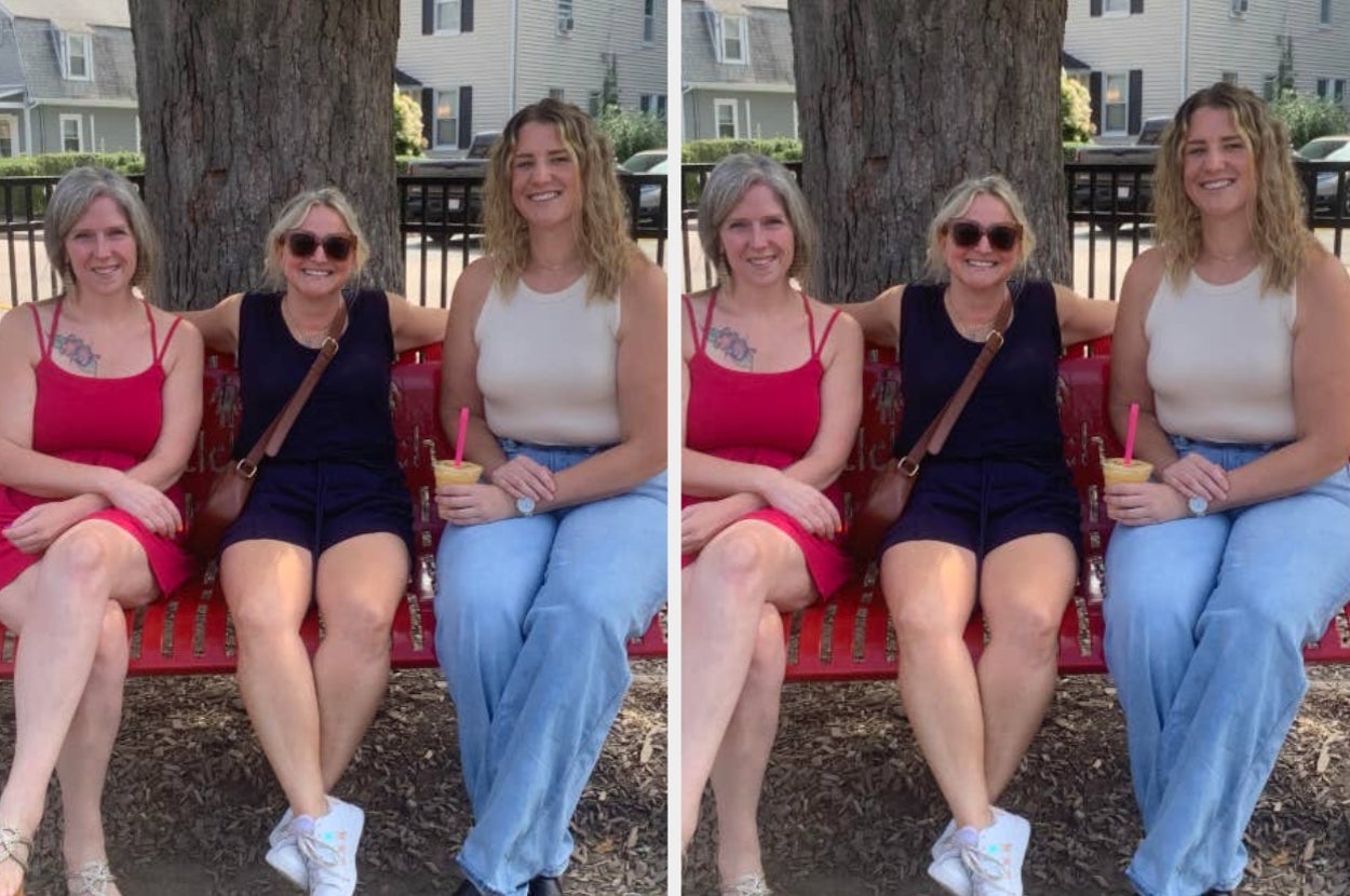 Three smiling women sit on a bench outdoors, casually dressed. Two images side-by-side show the same scene, possibly highlighting a change