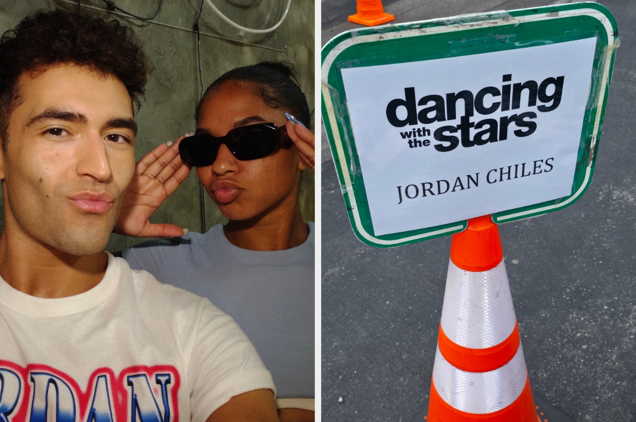 Two people pose for a selfie. Beside them, a sign reads "Dancing with the Stars: Jordan Chiles."
