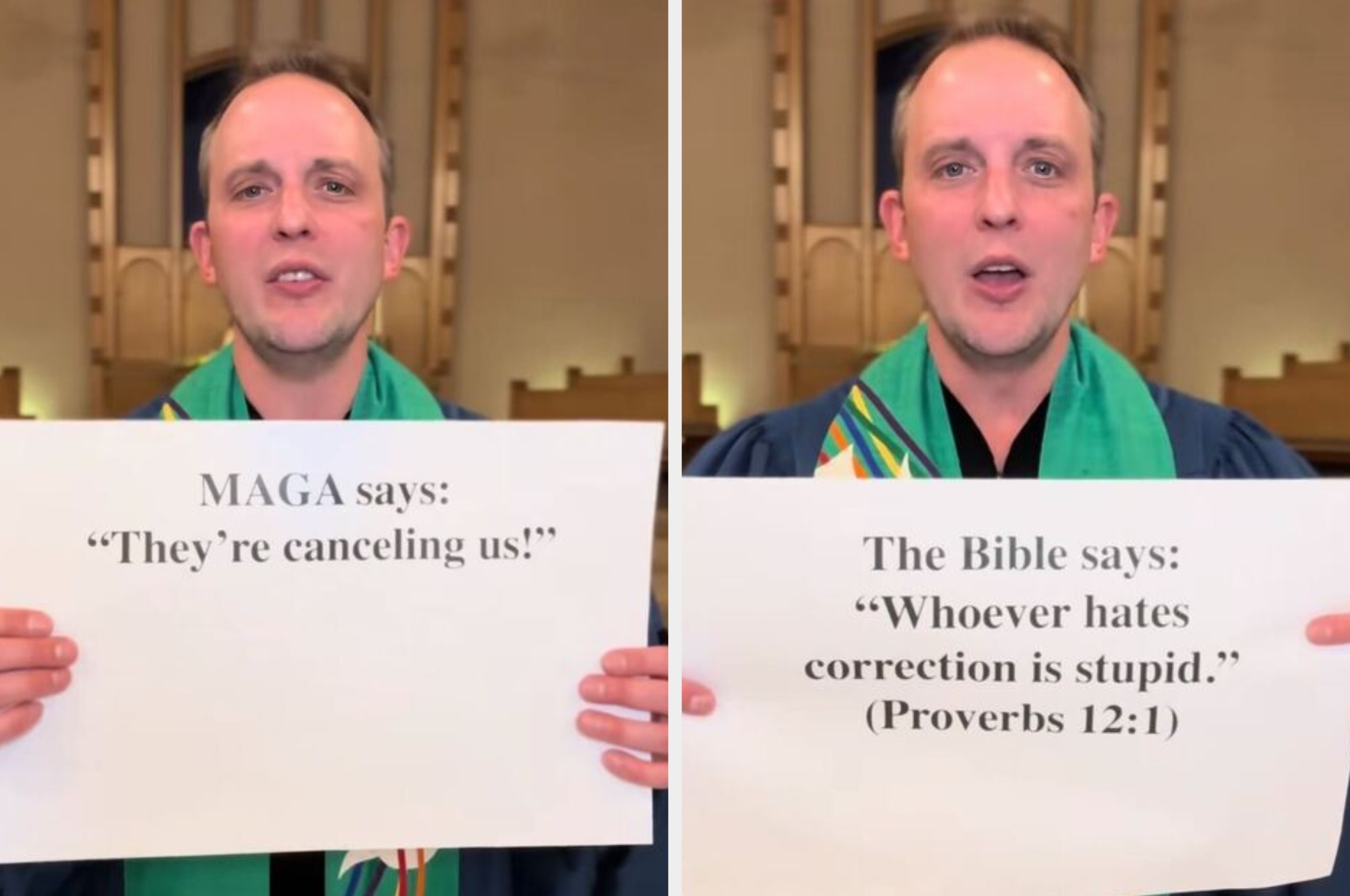 Personen holder skilt med sitater som kontrasterer MAGAs synspunkter og et bibelsk ordtak om korreksjon og visdom