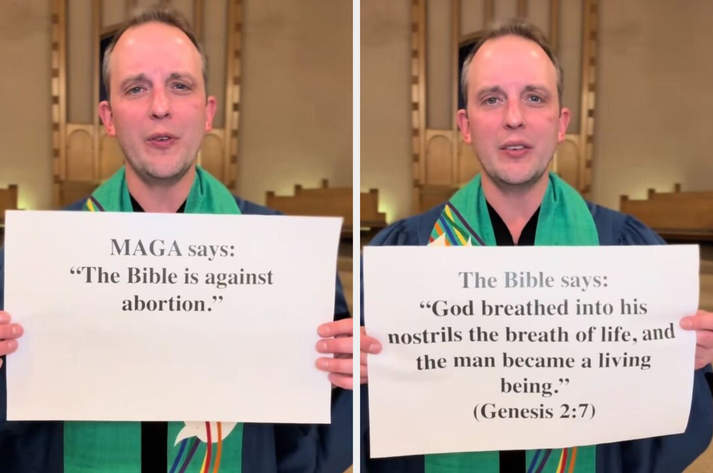 To bilder av en person som holder skilt. Til venstre: "MAGA sier: 'Bibelen er imot abort.'" Til høyre: Bibelsitat fra 1. Mosebok 2:7 om livet
