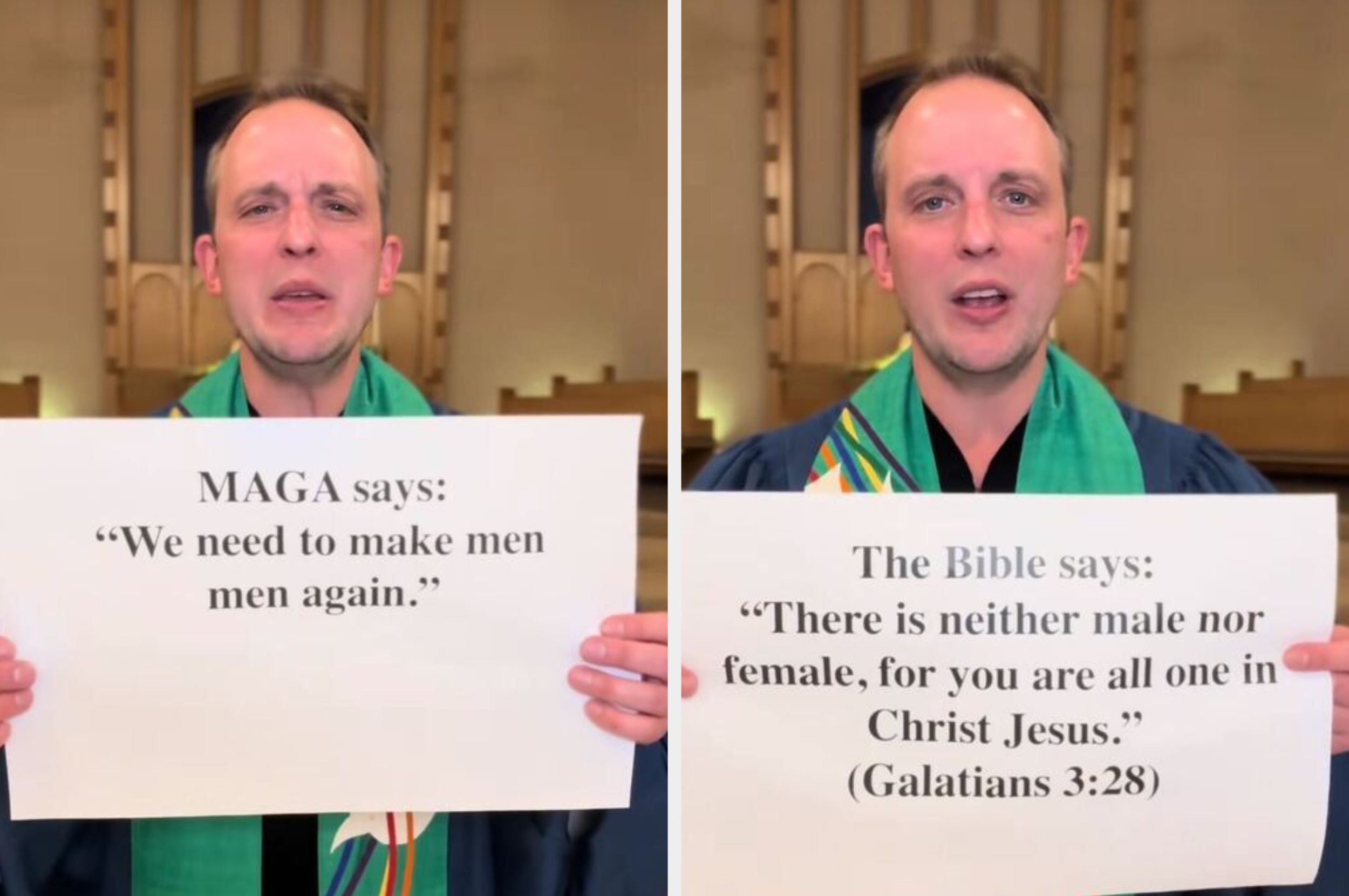 Person som holder skilt; en sier, "MAGA sier: 'Vi trenger å gjøre menn til menn igjen.'" og den andre siterer Galaterne 3:28 om likhet i Kristus