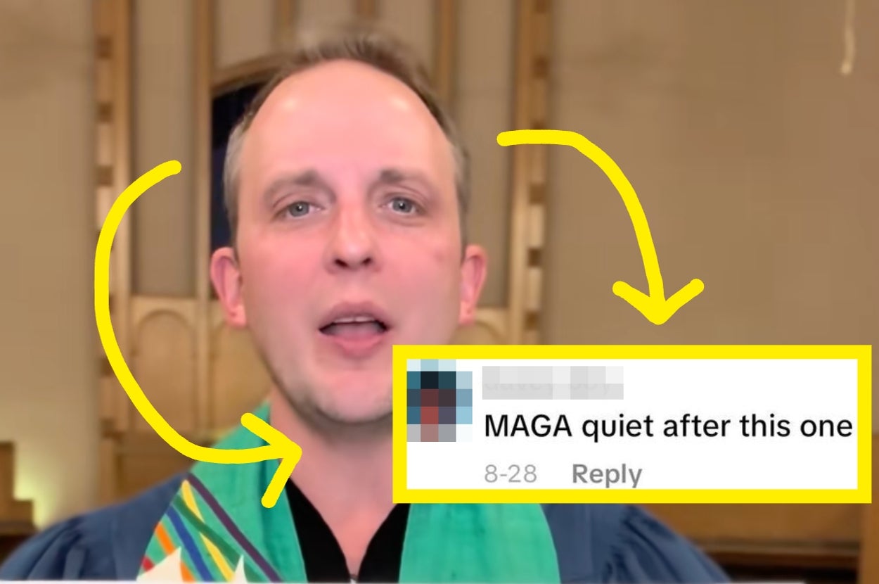A person in a religious setting stands next to a comment reading, "MAGA quiet after this one." Yellow arrows point between the person and comment