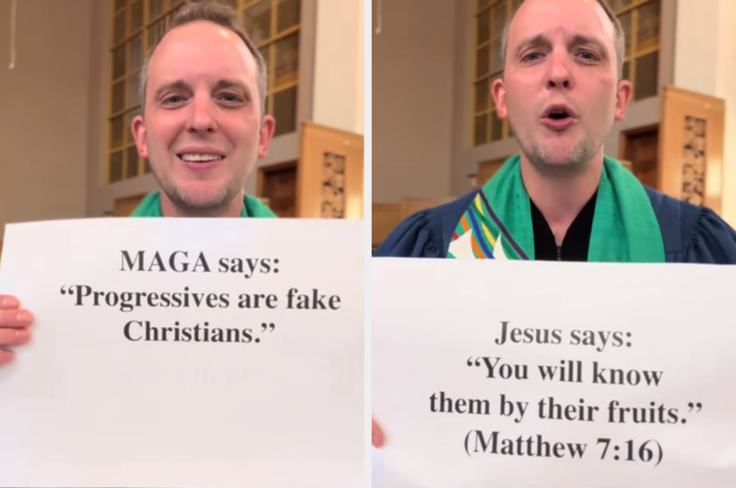 Mann holder to tegn: Venstre står "MAGA sier: 'Progressives are falske kristne.'" Høyre lyder "Jesus sier: 'Du skal kjenne dem på fruktene deres.' (Matteus 7:16)."