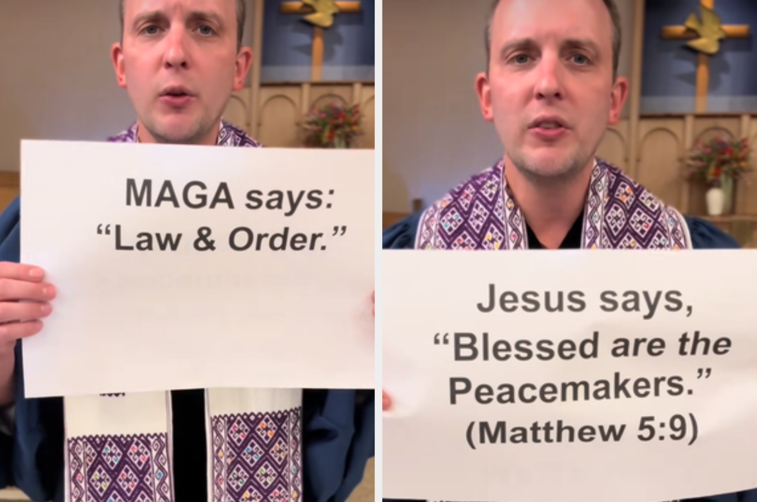 En person i en kirke holder to skilt som sammenligner et politisk sitat med et bibelvers som tar til orde for fred