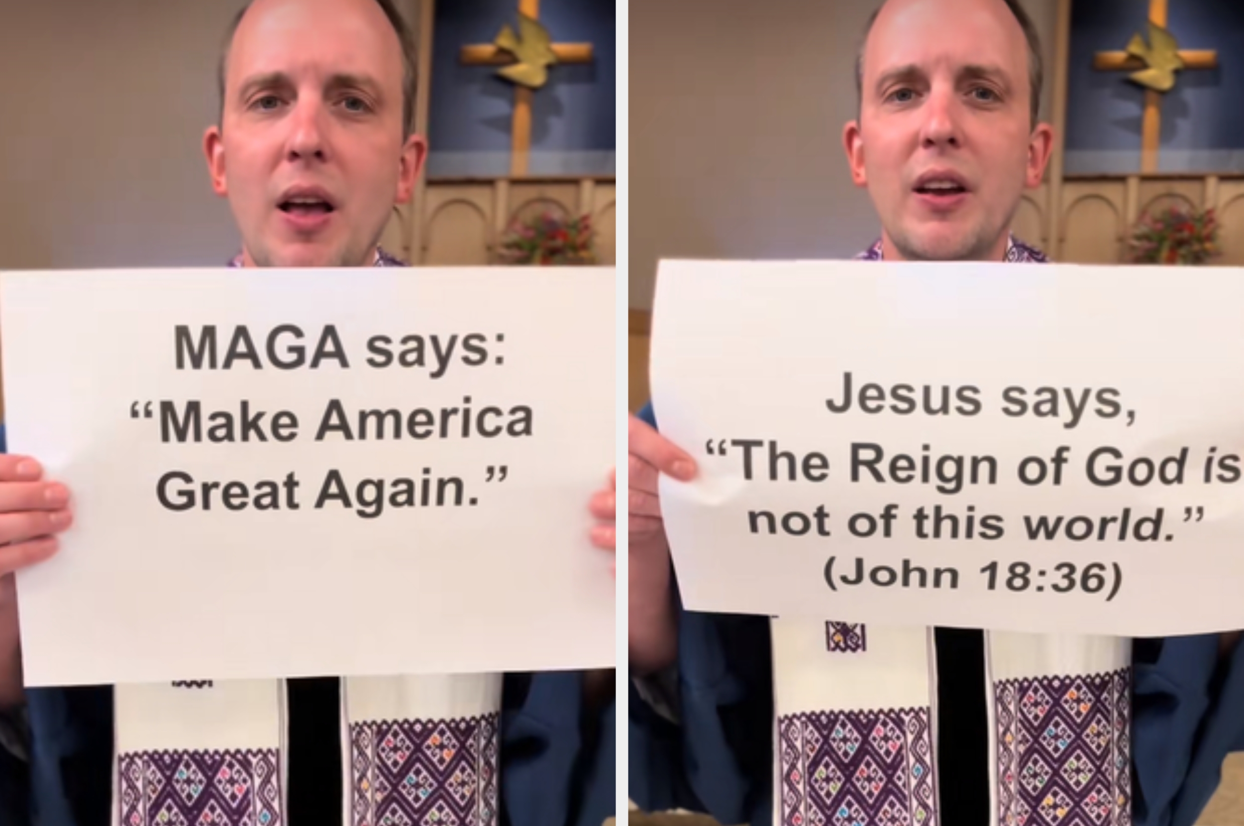Mann i kirkeantrekk som holder skilt som sammenligner politiske og religiøse budskap: "MAGA sier: 'Make America Great Again.'" og "'Jesus sier: 'Guds rike er ikke av denne verden.'"