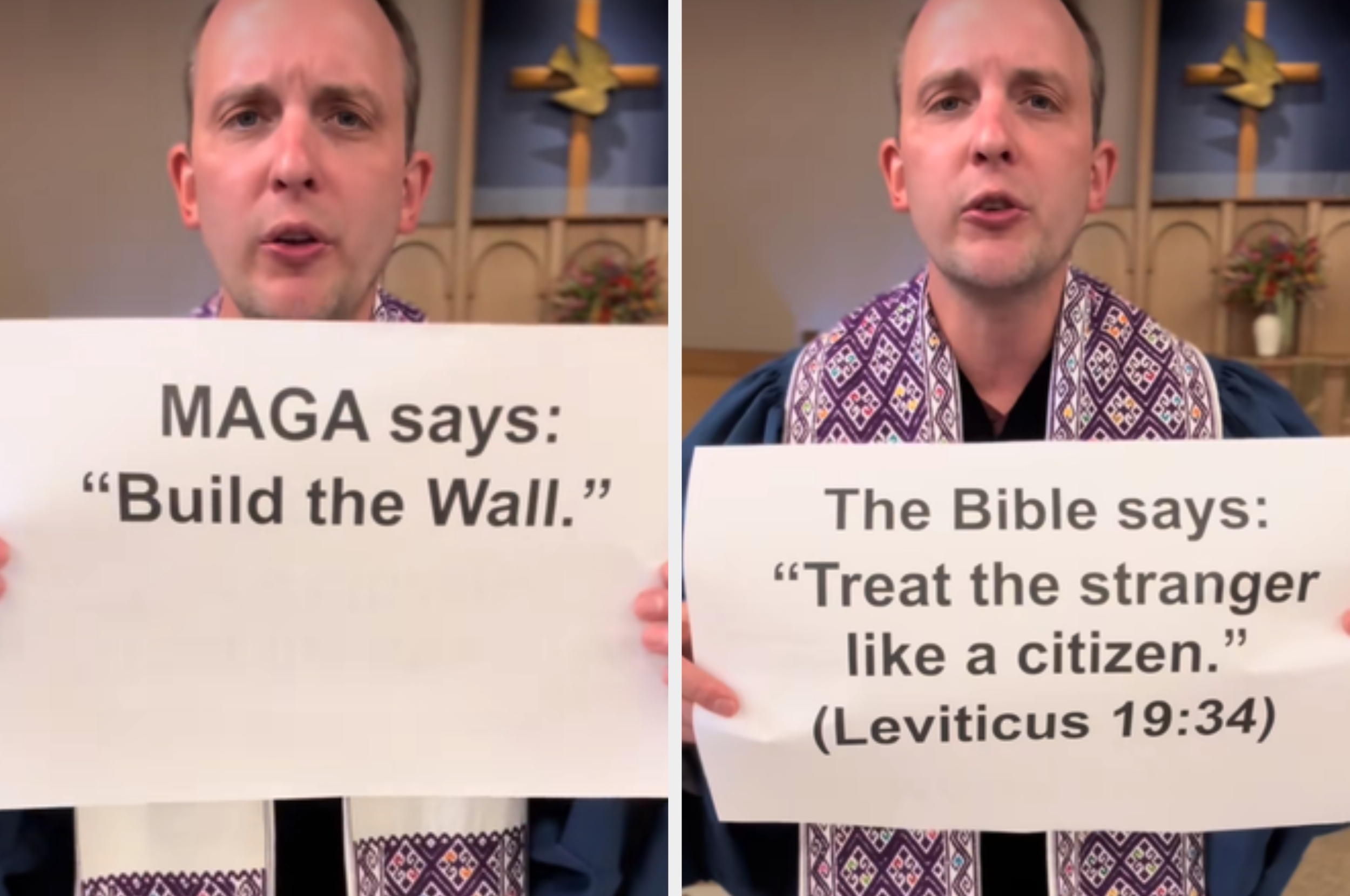 En prest holder to skilt som kontrasterer politiske og bibelske budskap: "Bygg muren" kontra "Behandle den fremmede som en borger" (3. Mosebok 19:34)