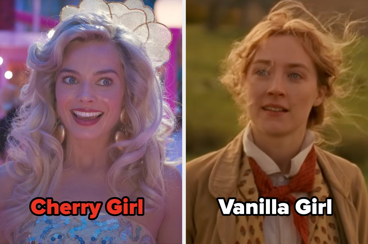 Left: Woman with wavy hair in glamorous outfit smiles broadly. Right: Woman in vintage attire with scarf looks away. Text: "Cherry Girl" and "Vanilla Girl."