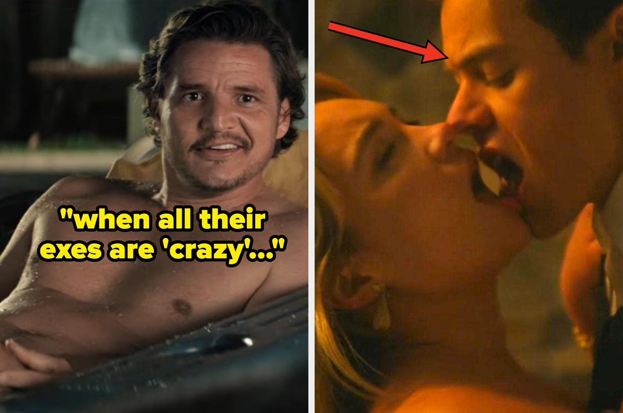 Split image: Left shows a shirtless man in a pool, text reading "posting wayyyy too much on social media"; Right shows a couple kissing passionately