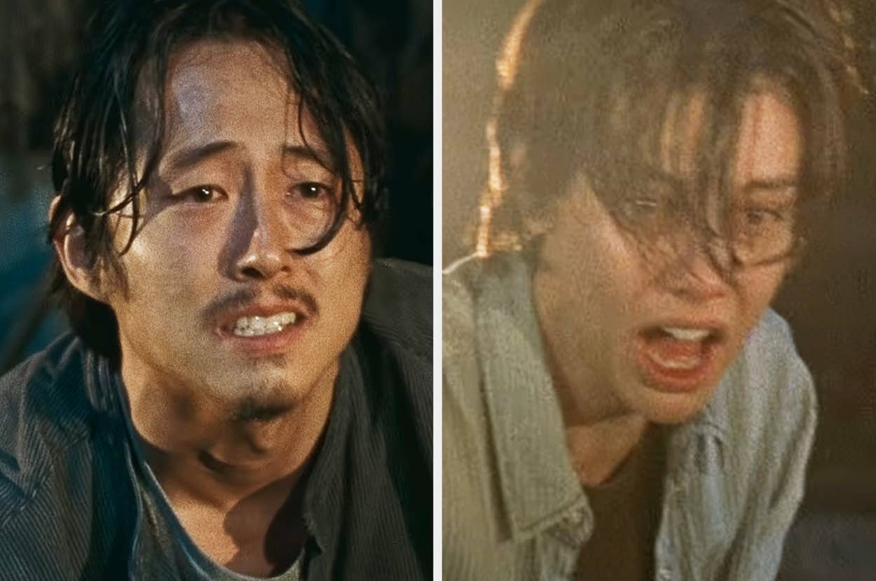 Glenn looking distressed and Maggie crying in a scene from The Walking Dead