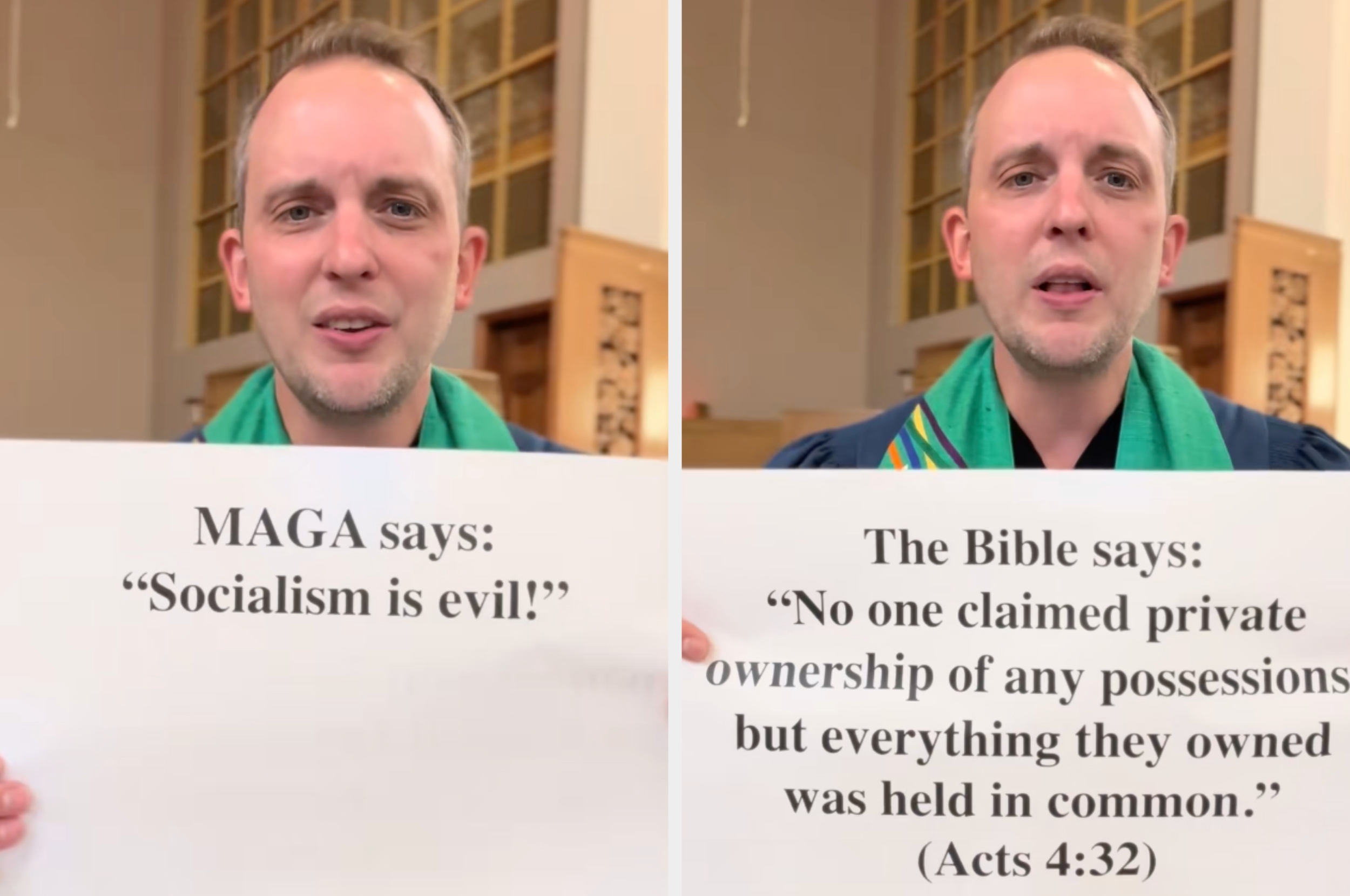 En person holder to skilt. Til venstre: "MAGA sier: 'Sosialisme er ondskap!'" Høyre: "Bibelen sier: 'Ingen hevdet privat eierskap... alt holdt til felles.'"