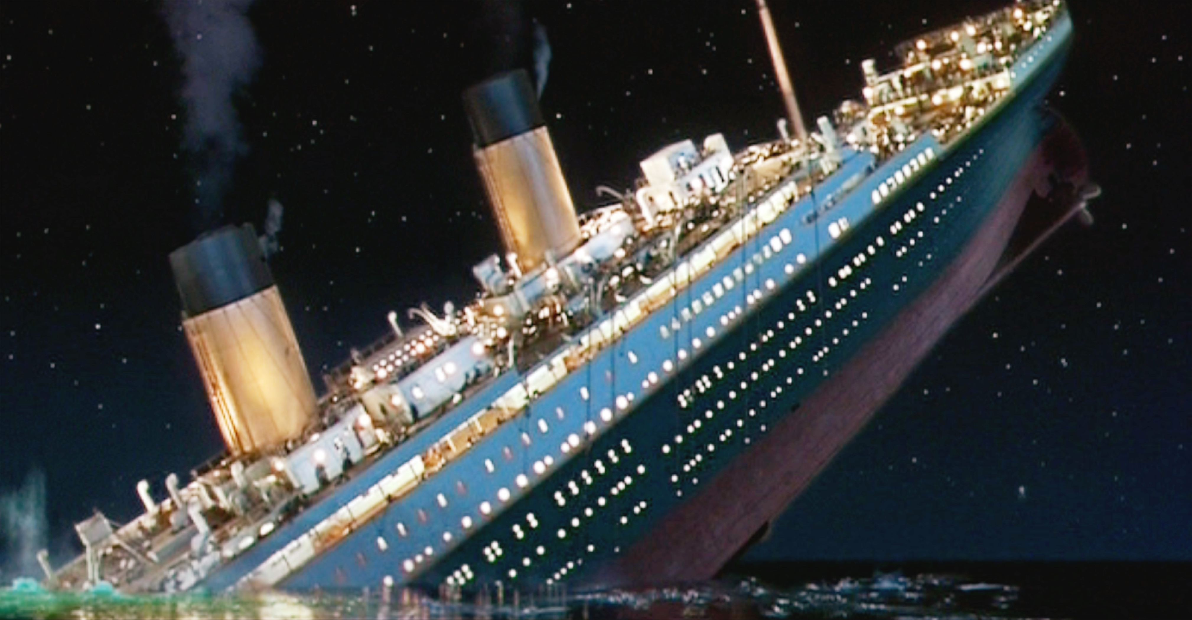 The Titanic sinking astatine  night, bow submerged successful  water, with disposable   smokestacks and lights