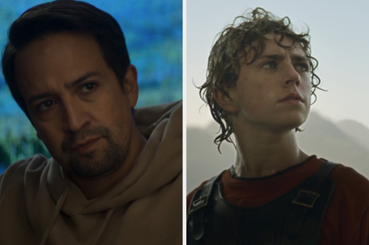 Two scenes from a TV show or movie, featuring two different people in separate frames, both with serious expressions