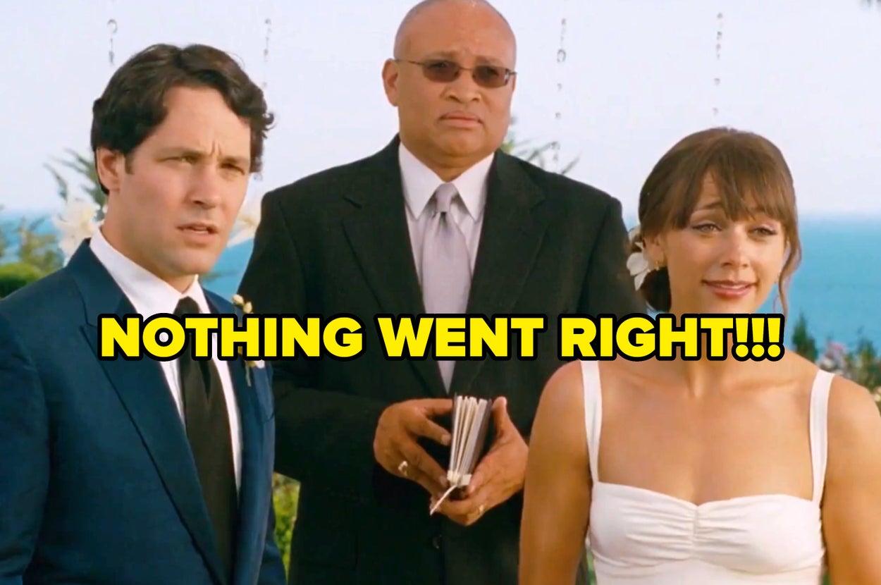 A wedding officiant stands with a couple in formal attire, looking concerned; bold text reads, "NOTHING WENT RIGHT!!!"