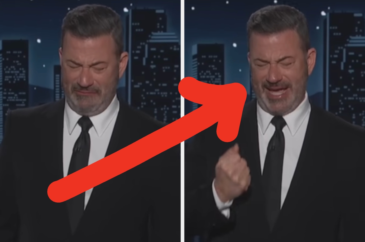 A man in a suit is seen with two different facial expressions, highlighted by a red arrow. He appears to be on a stage or in a studio setting