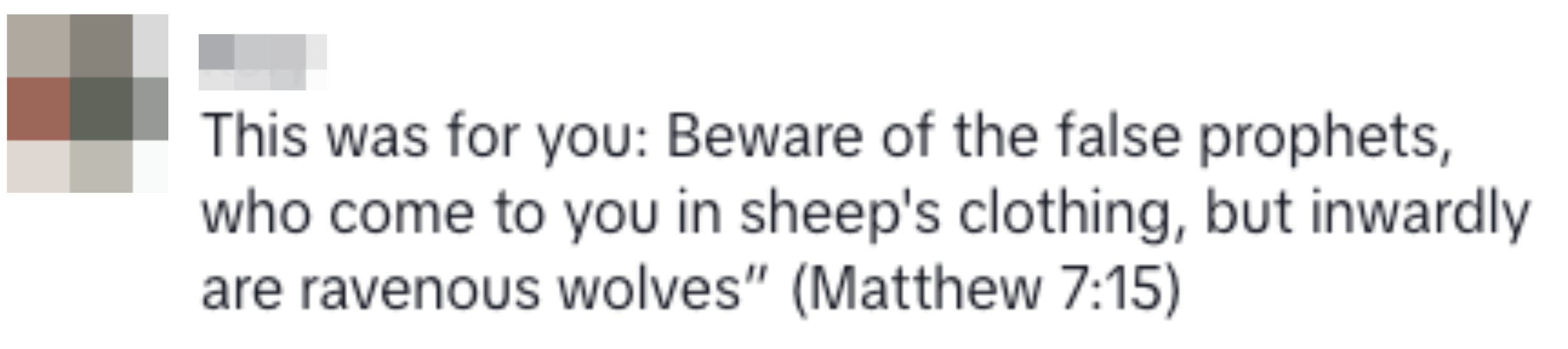 Kommentar som siterer Matteus 7:15, advarer mot falske profeter i fåreklær