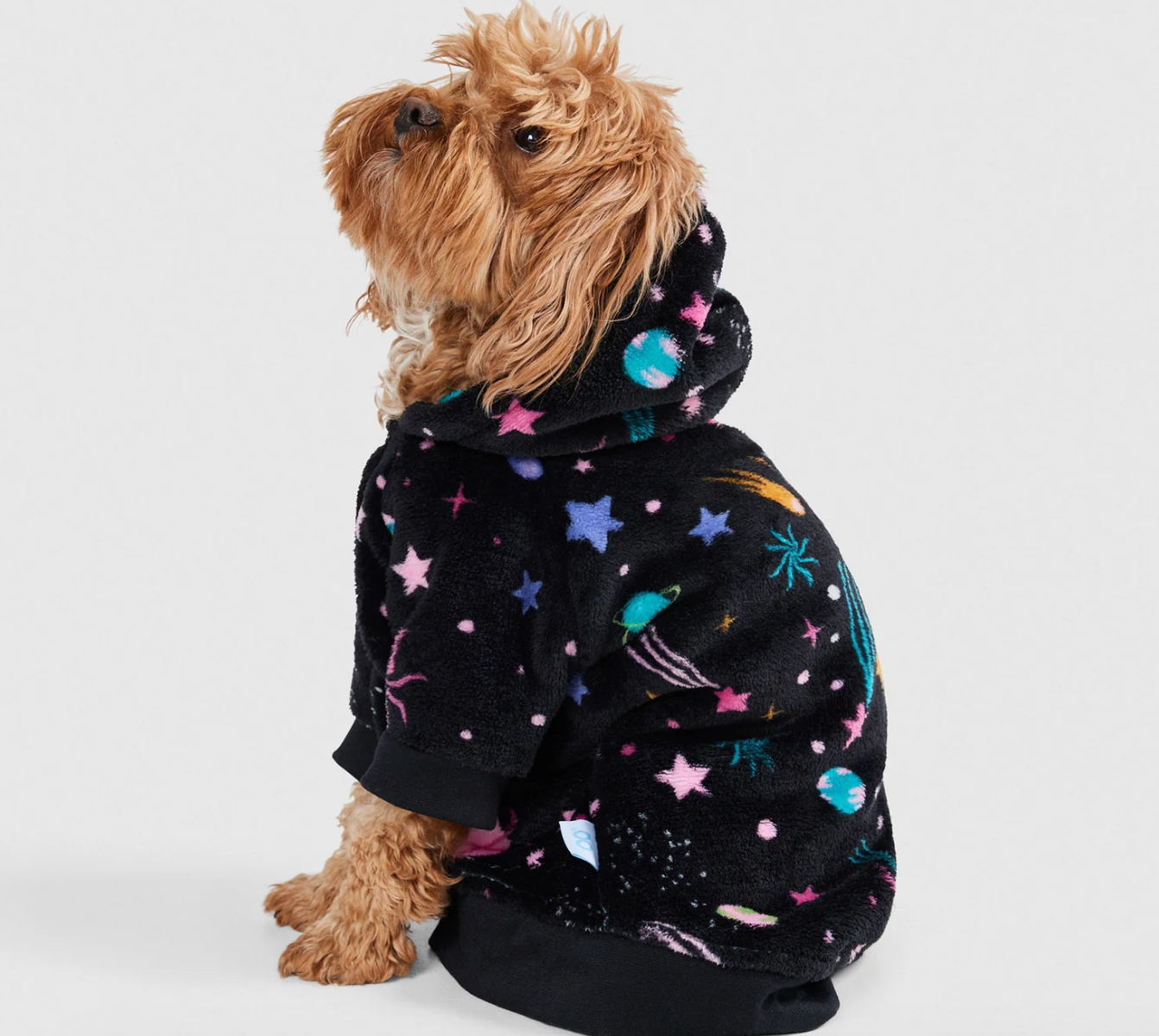 Dog wearing a plush hoodie with a abstraction theme, featuring planets and stars, sitting and looking to the side. Ideal for cozy, stylish favored wear