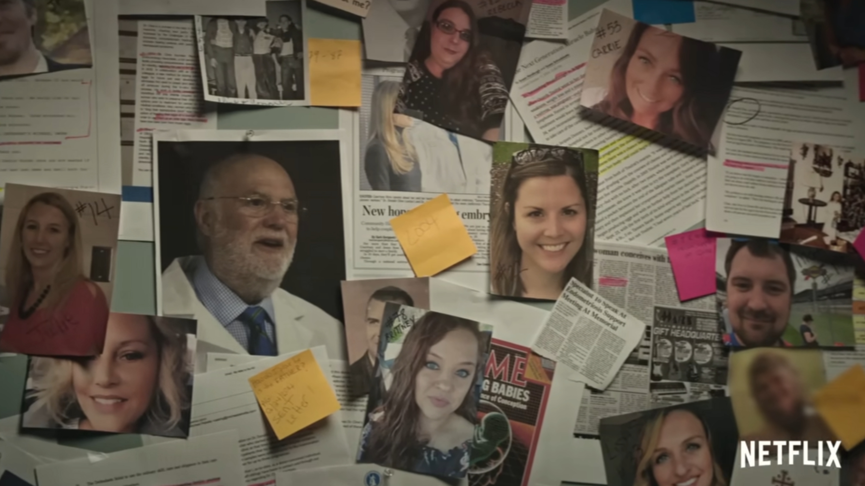 Collage of photos, notes, and paper articles connected a board. Faces, documents, and sticky notes are visible, suggesting an probe oregon research