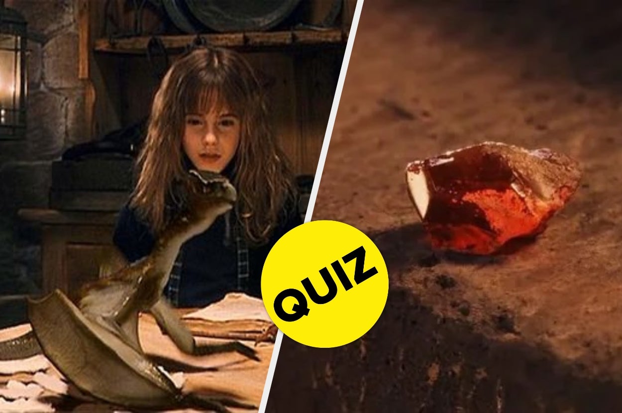 A young person looks at a small dragon with curiosity; next to it is an image of a jewel. "QUIZ" is written in a yellow circle between them